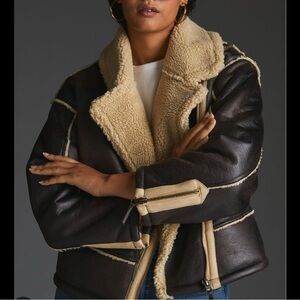 Anthropologie Faux-Leather Cropped Shearling-Lined Jacket